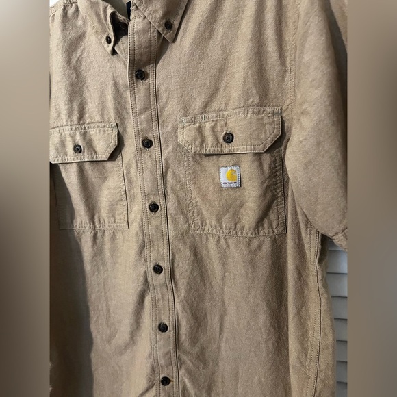 Carhartt Loose Fit Chambray Midweight Short Sleeve Tan Button Up Shirt - Picture 3 of 8